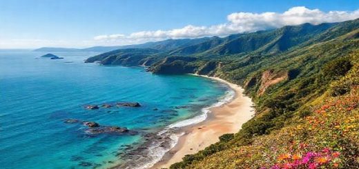 A stunning landscape of the Whangārei District in New Zealand, showcasing a vibrant summer scene with sunlit beaches like Ocean Beach and Ruakākā Beach, inviting clear waters ideal for snorkeling, and lush hiking trails leading to Whangārei Falls. Include colorful flowers in bloom and glimpses of Maori culture through local markets or festivals. Capture the essence of natural beauty and warmth in high definition.