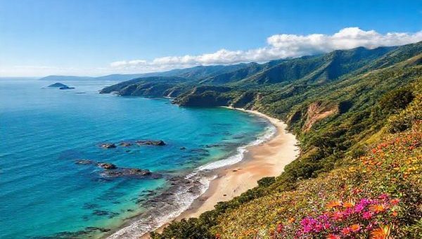 A stunning landscape of the Whangārei District in New Zealand, showcasing a vibrant summer scene with sunlit beaches like Ocean Beach and Ruakākā Beach, inviting clear waters ideal for snorkeling, and lush hiking trails leading to Whangārei Falls. Include colorful flowers in bloom and glimpses of Maori culture through local markets or festivals. Capture the essence of natural beauty and warmth in high definition.