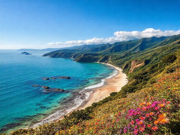 A stunning landscape of the Whangārei District in New Zealand, showcasing a vibrant summer scene with sunlit beaches like Ocean Beach and Ruakākā Beach, inviting clear waters ideal for snorkeling, and lush hiking trails leading to Whangārei Falls. Include colorful flowers in bloom and glimpses of Maori culture through local markets or festivals. Capture the essence of natural beauty and warmth in high definition.