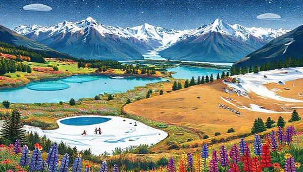 Create a high-definition image of Mackenzie District in New Zealand, showcasing its stunning landscapes across the four seasons. Illustrate a vibrant summer scene with turquoise lakes and blooming wildflowers, a snowy winter wonderland with skiers on the slopes, an autumn vista ablaze with warm hues of red and gold, and a spring landscape bursting with colorful lupins. Frame the image with majestic mountain ranges in the background and a star-studded night sky.