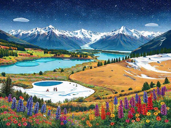 Create a high-definition image of Mackenzie District in New Zealand, showcasing its stunning landscapes across the four seasons. Illustrate a vibrant summer scene with turquoise lakes and blooming wildflowers, a snowy winter wonderland with skiers on the slopes, an autumn vista ablaze with warm hues of red and gold, and a spring landscape bursting with colorful lupins. Frame the image with majestic mountain ranges in the background and a star-studded night sky.