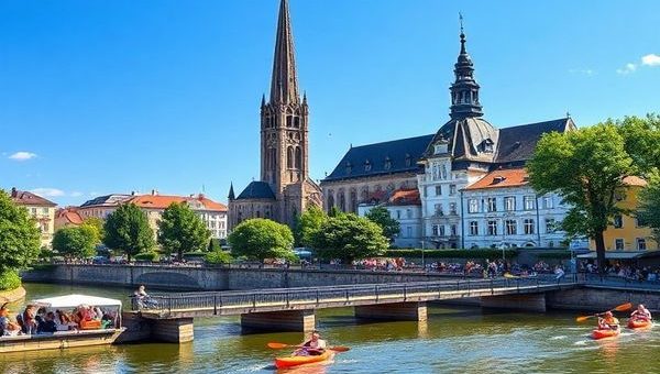 A stunning high-definition image of Sachsen in summer, showcasing the vibrant energy of the region. Capture the lush landscapes along the Elbe River with scenic views of the Saxon Switzerland National Park. Include the iconic baroque architecture of Dresden, featuring the majestic Zwinger Palace and Frauenkirche, set against a bright azure sky. Illustrate people kayaking on the river and cycling along the Elberadweg, surrounded by colorful festival scenes, to convey the lively atmosphere of this enchanting German destination.