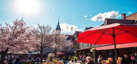 A high-definition image of Hannover in spring, showcasing a vibrant scene filled with blooming cherry blossoms and tulips illuminating the city streets. Include the historic old town in the background, bustling with locals and visitors enjoying cozy cafes under a clear blue sky. Capture the warmth of the season with the sun shining brightly, and a few fluffy clouds drifting overhead, while discreetly hinting at the possibility of a light spring shower with an umbrella leaning against a cafe table.