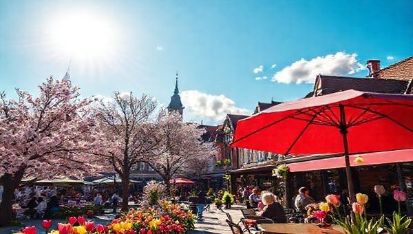 A high-definition image of Hannover in spring, showcasing a vibrant scene filled with blooming cherry blossoms and tulips illuminating the city streets. Include the historic old town in the background, bustling with locals and visitors enjoying cozy cafes under a clear blue sky. Capture the warmth of the season with the sun shining brightly, and a few fluffy clouds drifting overhead, while discreetly hinting at the possibility of a light spring shower with an umbrella leaning against a cafe table.