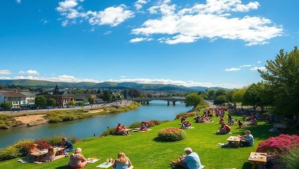 A vibrant depiction of Palmerston North in summer, showcasing the Esplanade park along the Manawatu River filled with families picnicking under sunny skies. Capture the lush greenery, colorful flowers, and the playful energy of people enjoying outdoor festivals, complemented by a backdrop of rolling hills. Ensure a high definition image that highlights the warmth and joy of this bustling New Zealand city during peak tourist season.