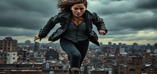 A high-definition image of a woman, Max, portrayed with fierce determination, sprinting across gritty city rooftops under a dramatic, stormy sky. She wears a dark, tattered jacket and has an intense expression, representing resilience against societal oppression. Below the rooftops, shadowy figures represent the oppressive forces she evades. The urban landscape is detailed, with contrasts between the chaotic movement of Max and the stillness of the city below, highlighting themes of freedom and defiance. The image captures the raw energy and emotional depth of her journey.
