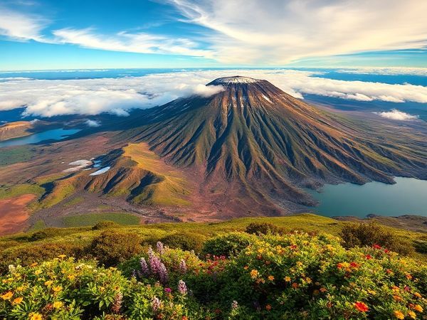 A breathtaking high-definition view of Mount Tarawera across all four seasons: vibrant summer greenery with wildflowers, serene winter snow-dusted craters shrouded in fog, dramatic autumn hues of gold and crimson, and lively spring blooms against a clear sky. Incorporate panoramic vistas of surrounding lakes, showcasing the stunning interplay of light and shadow on the volcanic landscape, and focus on capturing the essence of each season’s unique beauty and tranquility.