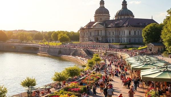 A high-definition image of Dresden, showcasing a vibrant summer scene along the Elbe River, filled with people enjoying outdoor cafés, cultural festivals, and lush green parks. The iconic Zwinger Palace and Frauenkirche stand majestically in the background, bathed in warm sunlight, with colorful flowers blooming and the lively atmosphere embodying the city’s energetic spirit.
