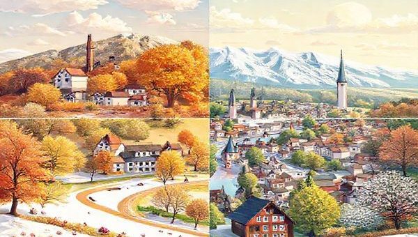 "Create a high definition illustration of Niedersachsen's four distinct seasons, blending summer's vibrant festivals and sunny beaches with winter's serene, frost-kissed landscapes, fall's golden-hued foliage and wine tours, and spring's blooming gardens and lively local events. Show the Harz Mountains, the North Sea coast, and towns like Hanover beautifully represented in a seamless seasonal panorama."