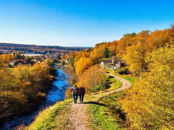 A breathtaking high-definition view of Landkreis Oberspreewald-Lausitz, showcasing its picturesque landscapes during autumn. Vibrant trees in shades of gold and amber line a serene stream, while quaint villages with charming old buildings dot the scenery. A couple enjoys a peaceful hike along a winding path that leads through lush woods, with the fresh, crisp air surrounding them. In the background, a clear blue sky hints at the unpredictable yet invigorating nature of this idyllic German region.