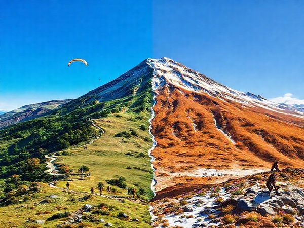 Create a high-definition image of Mount Hutt showcasing the dramatic transformation of the four seasons. On one side, depict vibrant summer greenery with hikers on sun-drenched trails, paragliders soaring above, and idyllic blue skies. Transitioning to autumn, illustrate warm hues of orange and gold with tranquil hiking paths surrounded by colorful foliage. For winter, capture pristine snow-covered landscapes bustling with skiers and snowboarders under bright blue skies. Finally, in spring, show blooming wildflowers and melting snow, with adventure seekers enjoying rock climbing and mountain biking amidst a backdrop of reawakened nature. Merge these seasonal elements seamlessly into one breathtaking landscape.
