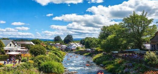 A vibrant summer scene in Kaiapoi, New Zealand, showcasing the picturesque river flowing through the town surrounded by lush greenery and colorful flowers. Bright blue skies overhead filled with fluffy white clouds, with people kayaking on the river and picnicking in the beautiful Kaiapoi Domain park. Include local art exhibitions and community events bustling with cheerful visitors, all captured in stunning high definition.