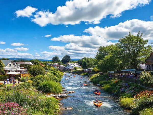 A vibrant summer scene in Kaiapoi, New Zealand, showcasing the picturesque river flowing through the town surrounded by lush greenery and colorful flowers. Bright blue skies overhead filled with fluffy white clouds, with people kayaking on the river and picnicking in the beautiful Kaiapoi Domain park. Include local art exhibitions and community events bustling with cheerful visitors, all captured in stunning high definition.