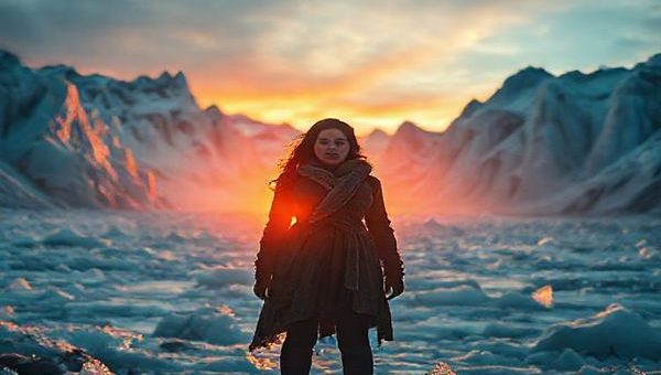 A breathtaking high-definition portrayal of a vast, icy landscape, with towering glaciers reflecting a dramatic sunset, capturing the emotional turmoil of a solitary female figure, Mara, standing resiliently at the forefront. She embodies strength amidst vulnerability, silhouetted against the glacial backdrop, her expression a blend of determination and introspection. The scene conveys a palpable tension, with intricate ice crystals glistening around her, symbolizing both beauty and isolation. Subtly layered, the visual hints at deeper gender dynamics and the dialogue between ambition, motherhood, and self-discovery, inviting viewers to reflect on the complexities of her journey.