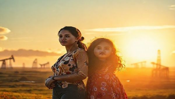 A high-definition image of a sweeping, vibrant landscape that blends lush natural elements with a sleek, industrial environment, representing the tension between ambition and motherhood. At the forefront, a strong woman stands confidently with her daughter, both gazing into the distance. Their expressions reflect determination and warmth, surrounded by flowing oil that glistens and sparkles in the light, symbolizing the complex interplay of power dynamics and female relationships. The background features silhouettes of oil rigs harmonizing with the beauty of nature, capturing the film's themes of womanhood and resilience.