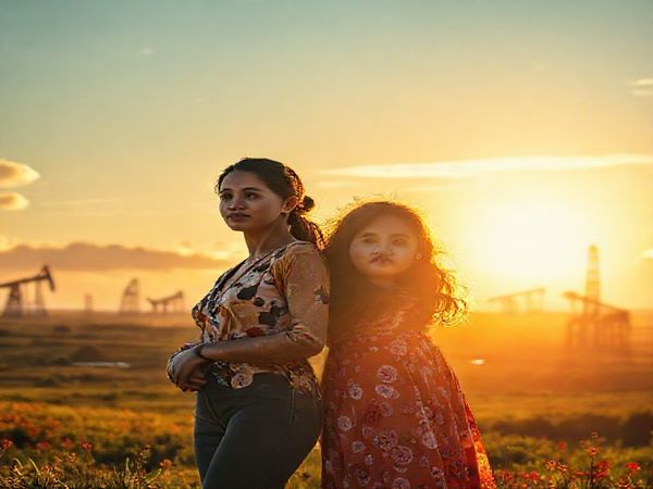 A high-definition image of a sweeping, vibrant landscape that blends lush natural elements with a sleek, industrial environment, representing the tension between ambition and motherhood. At the forefront, a strong woman stands confidently with her daughter, both gazing into the distance. Their expressions reflect determination and warmth, surrounded by flowing oil that glistens and sparkles in the light, symbolizing the complex interplay of power dynamics and female relationships. The background features silhouettes of oil rigs harmonizing with the beauty of nature, capturing the film's themes of womanhood and resilience.