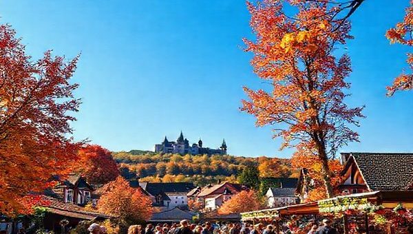 Imagine a vibrant scene in Landkreis München during autumn, where the landscape is ablaze with fiery red, orange, and gold foliage. Quaint villages with centuries-old architecture line the horizon, and the air is filled with the festive spirit of Oktoberfest. Locals and tourists mingle at a traditional harvest market, savoring hearty Bavarian dishes and sipping local brews. In the background, majestic castles peek through the colorful trees under a bright blue sky. Capture this enchanting moment in high definition.