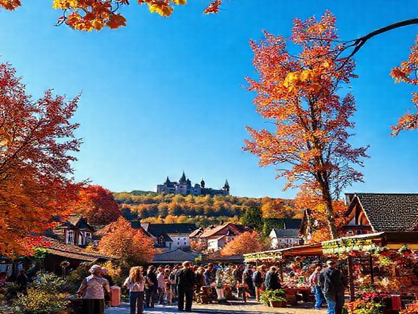 Imagine a vibrant scene in Landkreis München during autumn, where the landscape is ablaze with fiery red, orange, and gold foliage. Quaint villages with centuries-old architecture line the horizon, and the air is filled with the festive spirit of Oktoberfest. Locals and tourists mingle at a traditional harvest market, savoring hearty Bavarian dishes and sipping local brews. In the background, majestic castles peek through the colorful trees under a bright blue sky. Capture this enchanting moment in high definition.