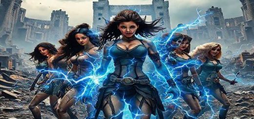 A powerful scene depicting a diverse group of fierce female characters from a post-apocalyptic world, led by a strong woman with electric blue energy surrounding her, symbolizing empowerment and resistance. In the background, intricate ruins of a once-thriving society stand, with stormy skies overhead hinting at tumultuous changes. Emphasize the contrast between vibrant, fiery colors that represent strength and dark, shadowy elements representing patriarchy. High definition.