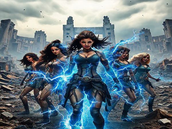 A powerful scene depicting a diverse group of fierce female characters from a post-apocalyptic world, led by a strong woman with electric blue energy surrounding her, symbolizing empowerment and resistance. In the background, intricate ruins of a once-thriving society stand, with stormy skies overhead hinting at tumultuous changes. Emphasize the contrast between vibrant, fiery colors that represent strength and dark, shadowy elements representing patriarchy. High definition.