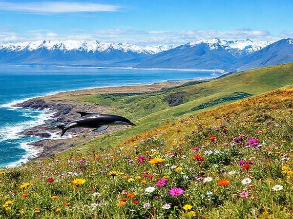 A breathtaking view of the Kaikōura District in New Zealand, showcasing the dramatic coastline where snow-capped mountains meet vibrant blue seas. Include playful dolphins leaping from the waves and a majestic sperm whale diving in the background, surrounded by lush green hills dotted with blooming wildflowers. Capture the essence of each season: sun-drenched summer beaches, tranquil snow-laden winter peaks, colorful autumn foliage, and blossoming spring landscapes, all in one harmonious scene. Please render this image in high definition.