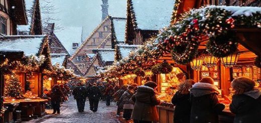 A picturesque German Christmas market in high definition, featuring cozy wooden stalls adorned with twinkling fairy lights, a backdrop of frosty, snow-covered cobblestone streets. Visitors sip steaming glühwein while children joyfully enjoy gingerbread treats. Soft, golden light illuminates the festive scenes, with the sounds of carols wafting through the crisp winter air, as snow gently falls around the enchanting atmosphere.