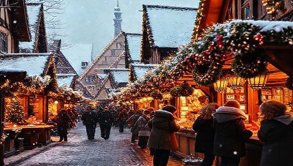 A picturesque German Christmas market in high definition, featuring cozy wooden stalls adorned with twinkling fairy lights, a backdrop of frosty, snow-covered cobblestone streets. Visitors sip steaming glühwein while children joyfully enjoy gingerbread treats. Soft, golden light illuminates the festive scenes, with the sounds of carols wafting through the crisp winter air, as snow gently falls around the enchanting atmosphere.