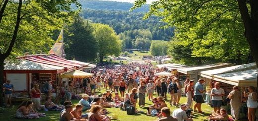 A vibrant summer scene in Remscheid, showcasing the bustling Stadtpark filled with picnickers and sunbathers. In the background, the scenic Röntgenweg trail invites hikers with panoramic views of rolling hills and lush forests. Capture the essence of a lively summer festival, enriched with colorful market stalls offering fresh produce and handmade crafts. Make the image in high definition, emphasizing the warm sunlight filtering through the trees and the joyful atmosphere.