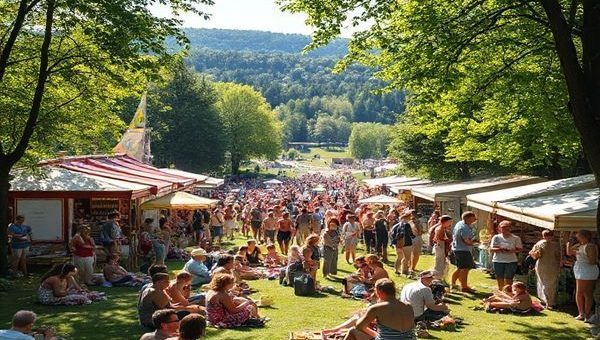 A vibrant summer scene in Remscheid, showcasing the bustling Stadtpark filled with picnickers and sunbathers. In the background, the scenic Röntgenweg trail invites hikers with panoramic views of rolling hills and lush forests. Capture the essence of a lively summer festival, enriched with colorful market stalls offering fresh produce and handmade crafts. Make the image in high definition, emphasizing the warm sunlight filtering through the trees and the joyful atmosphere.