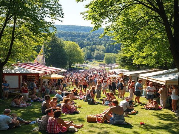 A vibrant summer scene in Remscheid, showcasing the bustling Stadtpark filled with picnickers and sunbathers. In the background, the scenic Röntgenweg trail invites hikers with panoramic views of rolling hills and lush forests. Capture the essence of a lively summer festival, enriched with colorful market stalls offering fresh produce and handmade crafts. Make the image in high definition, emphasizing the warm sunlight filtering through the trees and the joyful atmosphere.