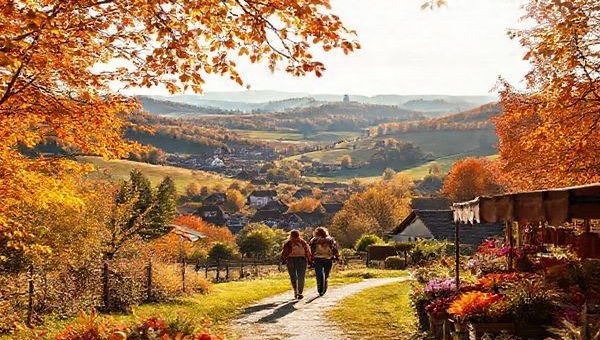 **High-definition image prompt:** A picturesque landscape of Landkreis Teltow-Fläming in early autumn, showcasing rolling hills adorned with vibrant amber and gold foliage. A quaint village with historical architecture nestled among the trees is visible in the background. A couple leisurely walks on a winding path, surrounded by colorful leaves, as soft sunlight filters through the branches. Include elements of a local farmer's market in the foreground, bursting with fresh produce and flowers, capturing the warm, tranquil atmosphere of fall in the region.