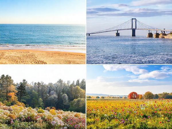 "Create a high-definition image of Landkreis Rendsburg-Eckernförde, illustrating the enchanting blend of its seasonal beauty: a vibrant summer beach scene along the Baltic Sea with golden sands and azure waters, contrasted by the tranquil winter landscape blanketed in frost, featuring the historic Rendsburg Transporter Bridge. Add a picturesque autumn forest with vibrant foliage and a serene spring meadow blooming with flowers, showcasing the diverse experiences of this charming German district."