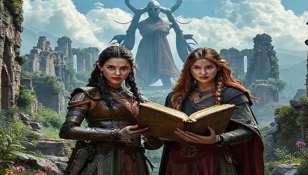 Create a high-definition image capturing the essence of "Deathstalker (2025)": a lush fantasy landscape featuring Alina, a fierce warrior with a determined expression, and Nerys, an astute scholar with an open book in her hands. They stand together, embodying strength and intelligence, surrounded by crumbling architectural ruins adorned with vibrant nature. In the distance, the imposing figure of Lady Morgana looms, her complex demeanor hinting at depth and moral ambiguity. The scene should convey a sense of camaraderie and resilience, blending elements of adventure with a feminist narrative.