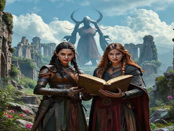 Create a high-definition image capturing the essence of "Deathstalker (2025)": a lush fantasy landscape featuring Alina, a fierce warrior with a determined expression, and Nerys, an astute scholar with an open book in her hands. They stand together, embodying strength and intelligence, surrounded by crumbling architectural ruins adorned with vibrant nature. In the distance, the imposing figure of Lady Morgana looms, her complex demeanor hinting at depth and moral ambiguity. The scene should convey a sense of camaraderie and resilience, blending elements of adventure with a feminist narrative.