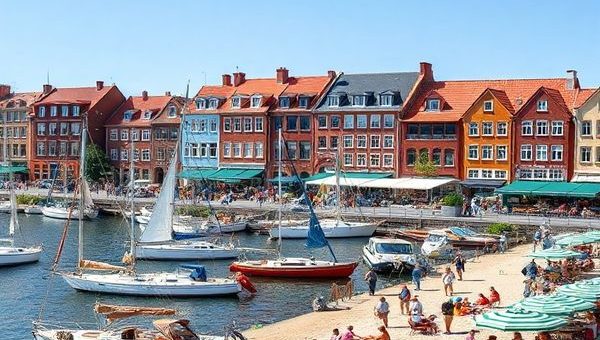 A vibrant summer scene in Rostock showing the bustling Warnemünde Week, featuring colorful sailing boats in the harbor, sunbathers on the sandy beach, and lively outdoor dining in the historic city center. The picturesque red-bricked architecture and a blue sky create a joyful atmosphere. High definition.