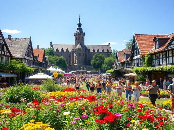 A high-definition image of Mönchengladbach showcasing the vibrant summer atmosphere: lush Bunter Garten filled with colorful flowers and happy visitors enjoying local festivals under bright blue skies. Include the historic Rheydt Castle in the backdrop, complemented by the energetic feel of outdoor music events, creating a lively and captivating scene.