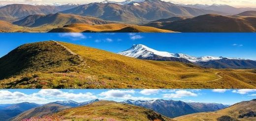 A breathtaking high-definition image of the Ben Lomond Track, showcasing its diverse seasonal beauty: in summer, vibrant wildflowers and lush greenery under a bright blue sky; in winter, a serene snow-covered landscape with majestic peaks; in fall, golden and amber foliage contrasting with the winding trail; and in spring, colorful blossoms and revitalized wildlife amidst a refreshing backdrop. Capture the essence of adventure, nature, and the shifting seasons in this picturesque New Zealand setting.