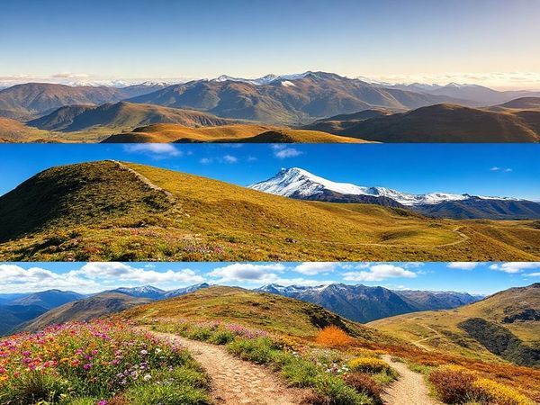 A breathtaking high-definition image of the Ben Lomond Track, showcasing its diverse seasonal beauty: in summer, vibrant wildflowers and lush greenery under a bright blue sky; in winter, a serene snow-covered landscape with majestic peaks; in fall, golden and amber foliage contrasting with the winding trail; and in spring, colorful blossoms and revitalized wildlife amidst a refreshing backdrop. Capture the essence of adventure, nature, and the shifting seasons in this picturesque New Zealand setting.