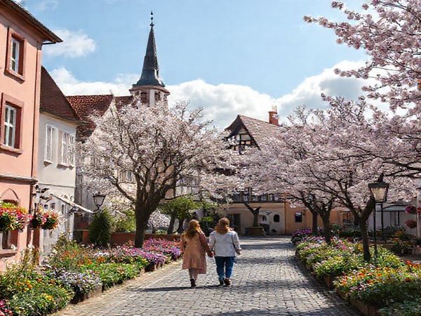 A serene view of Rothenburg ob der Tauber during spring, with pastel facades and blooming flowers lining the cobbled streets. The medieval architecture creates a fairy-tale ambiance, while cherry blossom trees frame the scene, and a gentle breeze rustles the blossoms. A couple strolls hand in hand, enjoying the refreshing air, with a soft light filtering through fluffy clouds. The image should be in high definition.