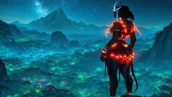 Create a high-definition image of a stunning, bioluminescent landscape on Pandora, featuring Neytiri as a powerful warrior adorned in tribal, luminous armor, standing confidently on a cliff. She gazes over an ethereal forest filled with vibrant, glowing flora and fauna, with gentle wisps of light swirling around her. In the background, the majestic floating mountains loom under a starry sky, symbolizing the beauty and complexity of female agency amidst a fantastical world.