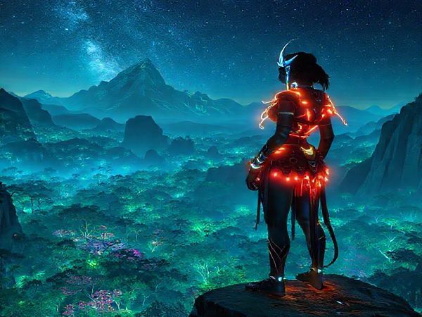 Create a high-definition image of a stunning, bioluminescent landscape on Pandora, featuring Neytiri as a powerful warrior adorned in tribal, luminous armor, standing confidently on a cliff. She gazes over an ethereal forest filled with vibrant, glowing flora and fauna, with gentle wisps of light swirling around her. In the background, the majestic floating mountains loom under a starry sky, symbolizing the beauty and complexity of female agency amidst a fantastical world.