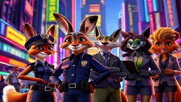 A vibrant and dynamic cityscape from "Zootopia 2," showcasing anthropomorphic animals engaged in a powerful discussion under colorful neon lights. In the foreground, Judy Hopps, a determined rabbit cop, stands confidently in police uniform, while Nick Wilde, a thoughtful fox, leans beside her, exuding a sense of vulnerability. Flanking them are strong female characters—a chameleon scientist and a lioness journalist—exuding ambition and empowerment. Surrounding them, the bustling metropolis embodies a blend of urban sophistication and natural beauty, filled with vivid colors and intricate details. Please create this image in high definition.