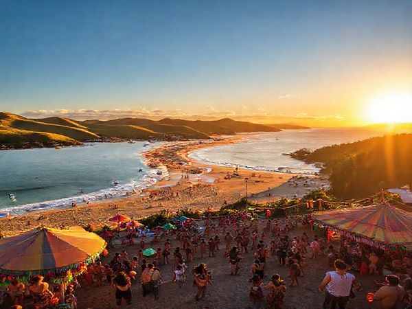 A breathtaking high-definition scene of the Ōpōtiki District, New Zealand, showcasing the vibrant beauty of its summer landscape. Picture golden beaches bustling with sunbathers and surfers, surrounded by lush rolling hills and distinctive native forests. Include a lively cultural festival in the foreground, with colorful Maori decorations and people dancing. The sun casts a warm glow on the horizon, enhancing the overall festive atmosphere of this serene coastal gem.