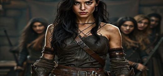 A high definition image of a fierce warrior woman with cascading dark hair, standing confidently at the forefront of a rugged fantasy landscape. Behind her, a diverse group of youthful outlaws, both men and women, share a bond of camaraderie and strength, poised in a dynamic stance as if ready for adventure. The scene captures a moody tavern in the background, with hints of chiaroscuro lighting that emphasize the tension between light and shadow. The setting is rich with intricate details, showcasing symbols of companionship, power dynamics, and a sense of belonging in a world that defies traditional gender roles.