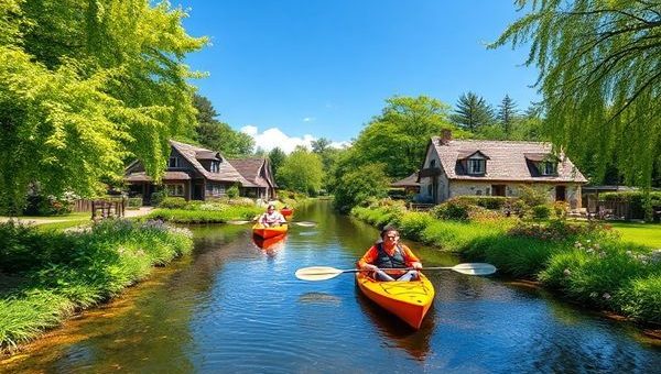 A serene, high-definition depiction of the Spreewald in summer, showcasing its lush, vibrant greenery and a labyrinth of gentle waterways. Include kayakers paddling leisurely along the sparkling streams, surrounded by charming traditional villages and blooming wildflowers under a bright blue sky. Add subtle elements of local culture, like baskets of pickled gherkins and colorful festival decorations, capturing the essence of this enchanting biosphere reserve.