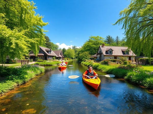 A serene, high-definition depiction of the Spreewald in summer, showcasing its lush, vibrant greenery and a labyrinth of gentle waterways. Include kayakers paddling leisurely along the sparkling streams, surrounded by charming traditional villages and blooming wildflowers under a bright blue sky. Add subtle elements of local culture, like baskets of pickled gherkins and colorful festival decorations, capturing the essence of this enchanting biosphere reserve.