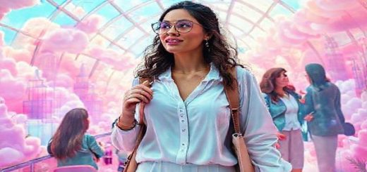 A vibrant high-definition scene depicting Maya, an ambitious architect, navigating through kaleidoscopic dreamscapes filled with whimsical architecture and surreal elements. Surround her with ethereal, pastel-colored clouds and symbolically fractured glass ceilings, while she engages in heartfelt conversations with other women, infusing the setting with a sense of empowerment and camaraderie. Capture the essence of both personal ambition and broader societal themes, intertwining reality with imagination.