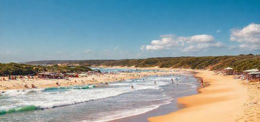 A breathtaking high-definition scene of Colac Bay, New Zealand, showcasing the undulating sandy beach and vibrant ocean waves under a warm summer sun. Include colorful surfboards along the shore, local festival decorations in the background, and lush native bushland framing the beach. Capture the lively atmosphere with people enjoying sunbathing, surfing, and mingling at a beachside café, all under a brilliant blue sky with a few fluffy clouds.