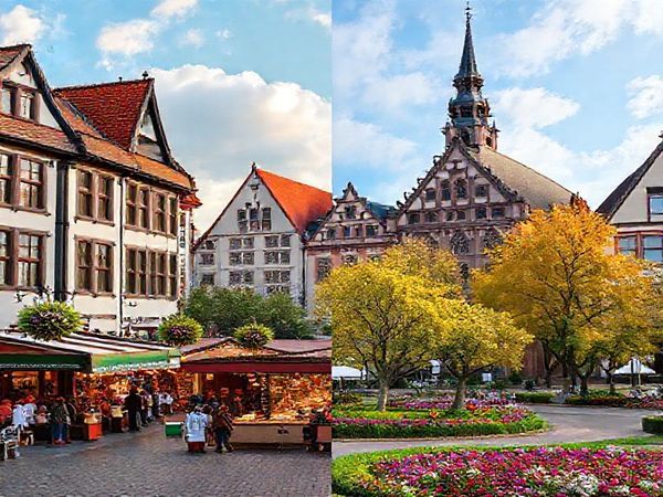 **Image Prompt:** Create a high definition image depicting the enchanting city of Essen transitioning through the four seasons: a vibrant summer with bustling outdoor markets, a cozy winter scene featuring a festive Christmas market, a picturesque autumn landscape with golden foliage in Stadtgarten, and a blossoming springtime Grugapark filled with colorful flowers. Showcase the unique charm and cultural essence of Essen in each season, blending elements harmoniously into one captivating composition.