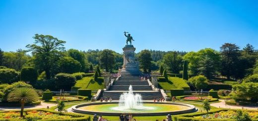 High-definition image prompt: "A breathtaking view of Bergpark Wilhelmshöhe in summer, showcasing the vibrant lush gardens and cascading water features under a clear blue sky. The iconic Hercules statue stands majestically in the background, surrounded by colorful flowers and happy tourists enjoying picnics and leisurely strolls. Sunlight filters through the trees, creating a warm, inviting atmosphere, capturing the essence of this UNESCO World Heritage site."
